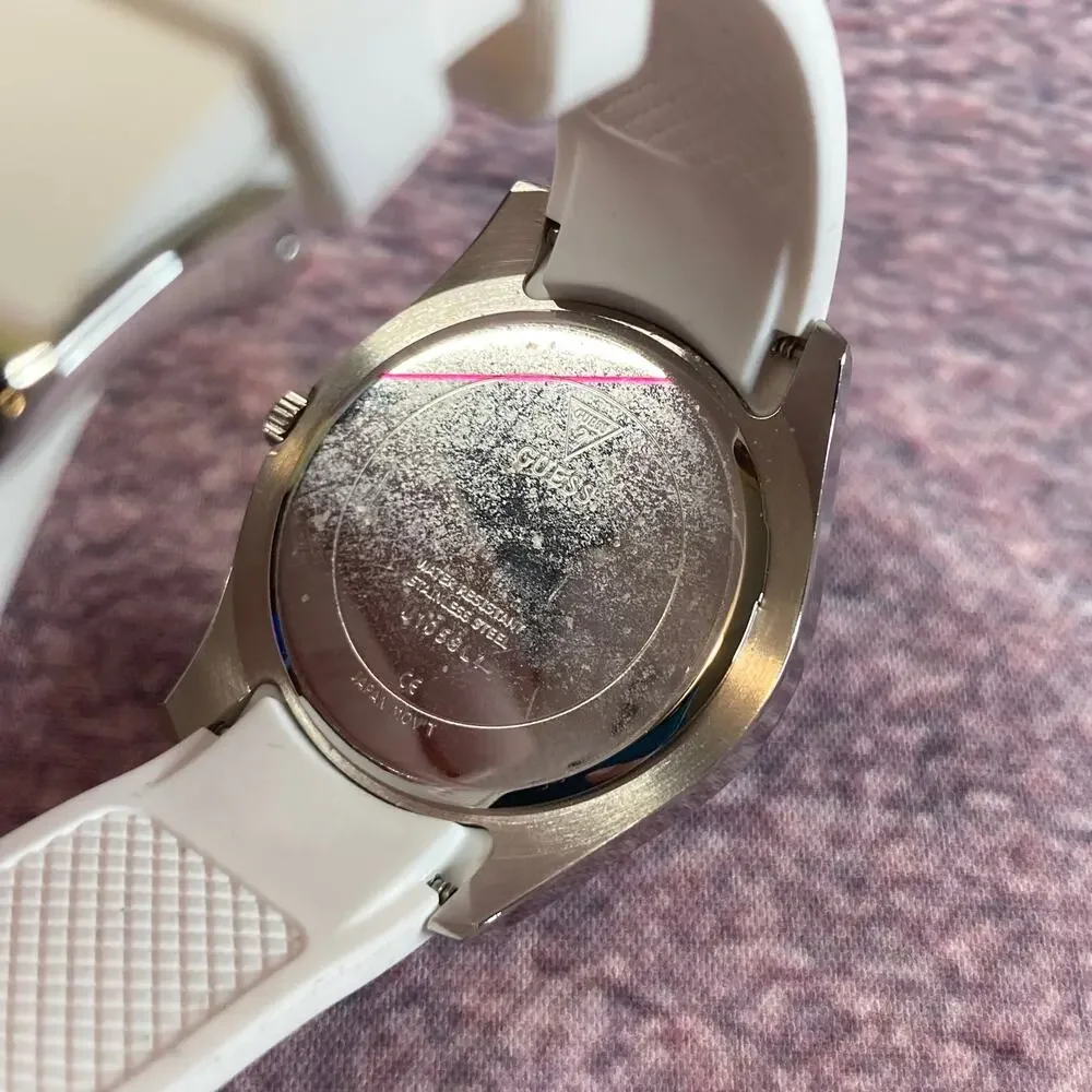 0016 Guess Wanderlust Silver Tone & Pastel Crystals w/White Silicone Strap READ